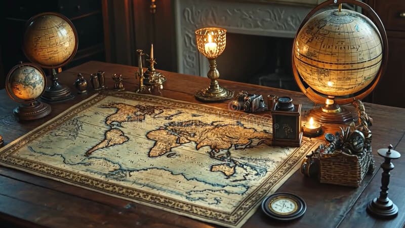 Une carte complexe du monde vintage posée sur une table en bois entourée de boussoles et de bougies. un mélange parfait illustration de vecteur