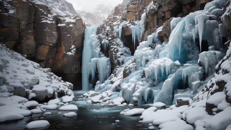 Une cascade de montagne cachée partiellement gelée en hiver créant des formations de glace complexes au fur et à mesure qu'elle de illustration libre de droits