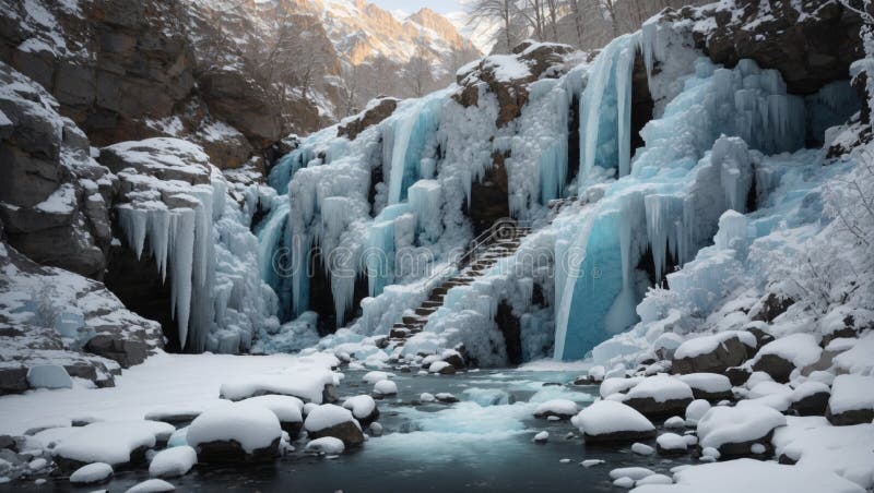 Une cascade de montagne cachée partiellement gelée en hiver créant des formations de glace complexes au fur et à mesure qu'elle de illustration libre de droits