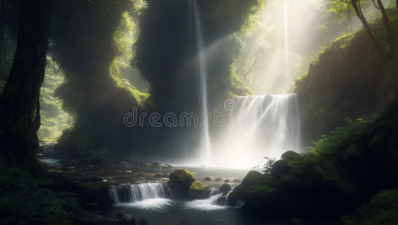 Une cascade de montagne cachée qui traverse une forêt dense illustration stock