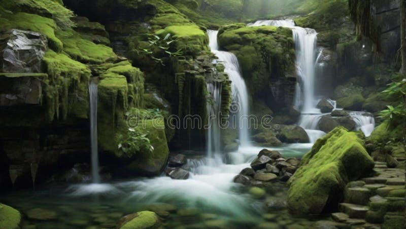 Une cascade de montagne cachée ses eaux ruisselant sur des rochers recouverts de mousse créant une mélodie apaisante dans l'atmosp illustration libre de droits