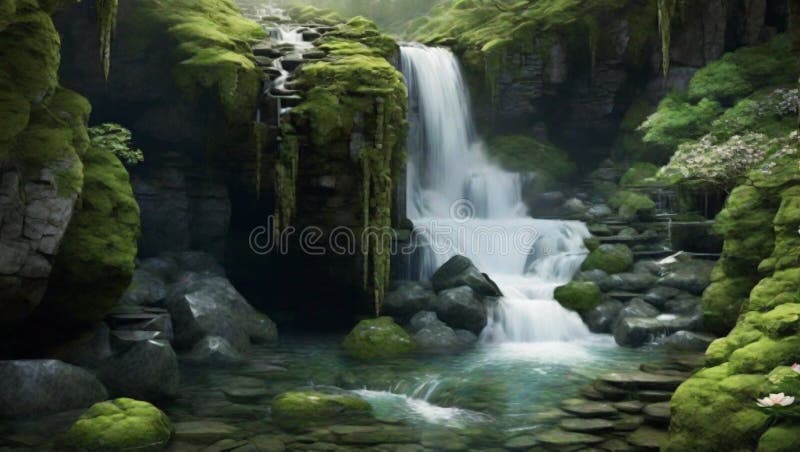 Une cascade de montagne cachée ses eaux ruisselant sur des rochers recouverts de mousse créant une mélodie apaisante dans l'atmosp illustration de vecteur