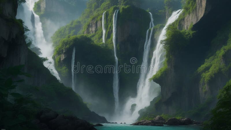 Une cascade de montagne cachée ses eaux ruisselant sur des rochers recouverts de mousse créant une mélodie apaisante dans l'atmosp illustration libre de droits