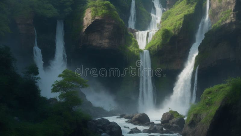 Une cascade de montagne cachée ses eaux ruisselant sur des rochers recouverts de mousse créant une mélodie apaisante dans l'atmosp illustration de vecteur