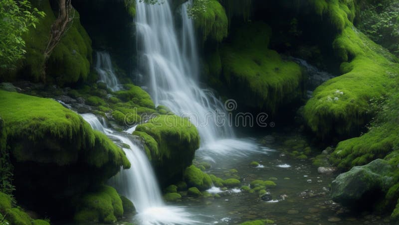 Une cascade de montagne cachée ses eaux ruisselant sur des rochers recouverts de mousse créant une mélodie apaisante dans l'atmosp illustration libre de droits
