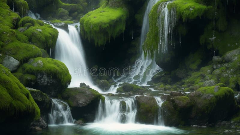 Une cascade de montagne cachée ses eaux ruisselant sur des rochers recouverts de mousse créant une mélodie apaisante dans l'atmosp illustration libre de droits