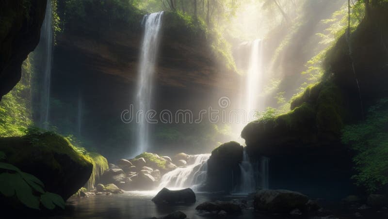 Une cascade de montagne dissimulée traverse une forêt dense illustration de vecteur