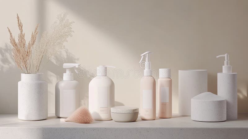 Une configuration minimaliste de produits de nettoyage éco-soignés stylisés. Une configuration minimaliste de produits de nettoyage éco-soignés et décorés de marque douce. ai généré