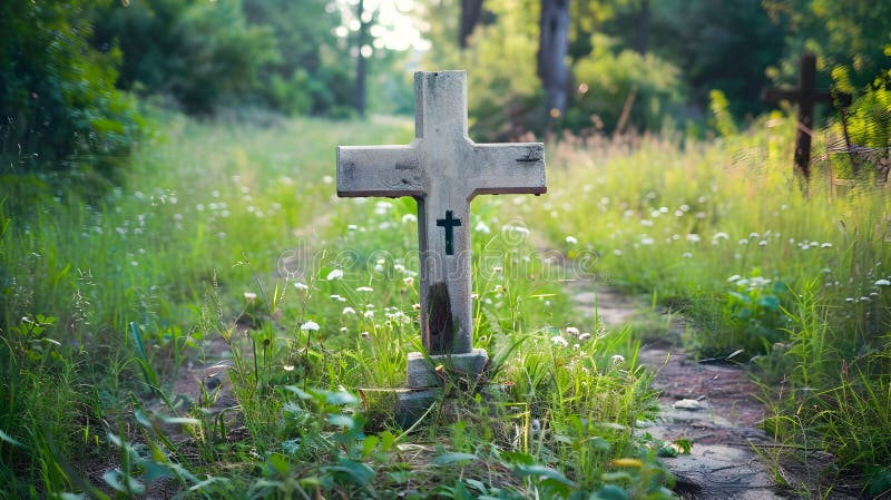 Une croix de bois cassée sur un chemin boueux dans les bois. Une croix de bois brisée et solitaire se dresse sur un sentier qui mène à une forêt mystérieuse et hantée. le style est un mélange de bronze clair et de gris qui lui donne une atmosphère sinistre et abandonnée