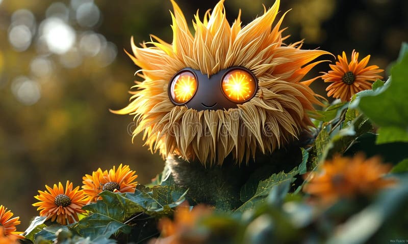 Une créature floue ressemblant à un tournesol au milieu des fleurs automnales illustration de vecteur