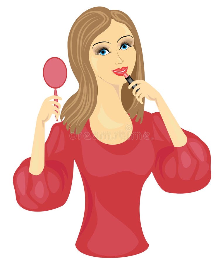 Une dame douce faisant le maquillage La fille peint ses lèvres avec un rouge à lèvres rouge devant le miroir Illustration de vect illustration stock Une dame douce faisant le maquillage La fille peint ses lèvres avec un rouge à lèvres rouge devant le miroir Illustration de vect illustration stock