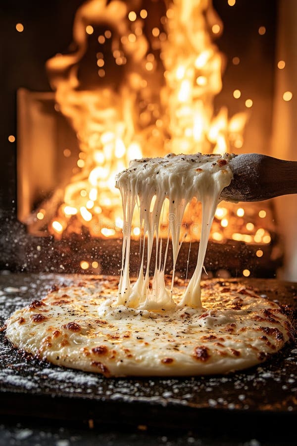 Une délicieuse pizza au fromage est levée d'un four chaud révélant son fromage fondu au gooey tandis que des flammes dansent dans photographie stock libre de droits
