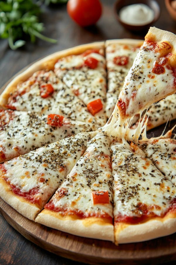 Une délicieuse pizza au fromage, garnie d'herbes et de tomates en dés, est démontée, mettant en vedette son goût fondu images libres de droits