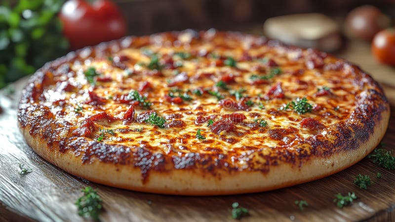 Une délicieuse pizza profonde surmontée d'une riche sauce tomate gooey fromage fondu et d'herbes fraîches sur une table en bois photo libre de droits