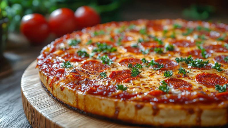 Une délicieuse pizza profonde surmontée d'une riche sauce tomate gooey fromage fondu et d'herbes fraîches sur une table en bois image stock