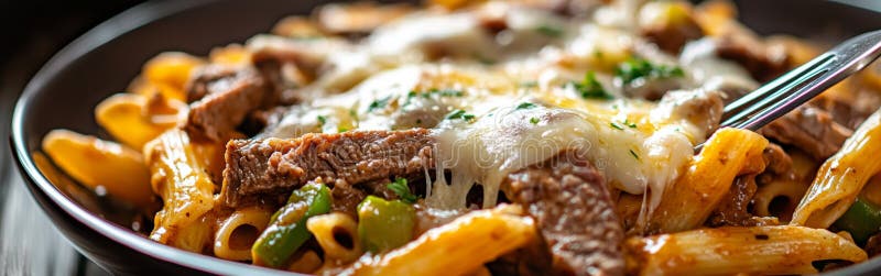 Une délicieuse portion de pâtes cuites à l'al dente penne surmontée de succulentes tranches de boeuf et de fromage fondu au goey photo stock