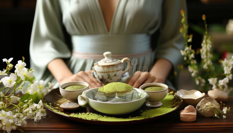 One woman sitting, holding tea cup, smiling, surrounded by nature generated by artificial intelligence AI generated. One woman sitting, holding tea cup, smiling, surrounded by nature generated by artificial intelligence AI generated