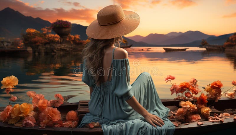 One woman sitting outdoors, enjoying the sunset in nature generated by artificial intelligence AI generated. One woman sitting outdoors, enjoying the sunset in nature generated by artificial intelligence AI generated