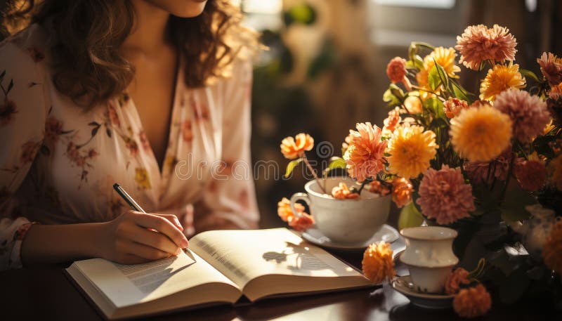 One woman sitting indoors, reading a book, enjoying nature generated by artificial intelligence AI generated. One woman sitting indoors, reading a book, enjoying nature generated by artificial intelligence AI generated