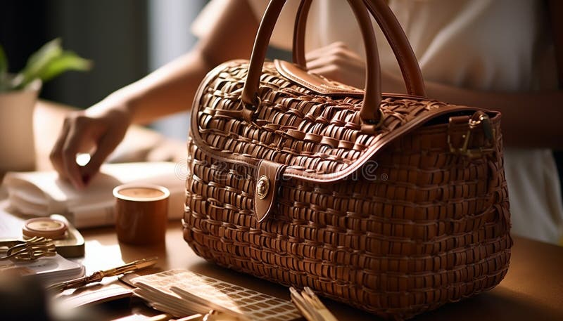 A woman sitting indoors, holding a wicker basket with elegance generated by artificial intelligence AI generated. A woman sitting indoors, holding a wicker basket with elegance generated by artificial intelligence AI generated