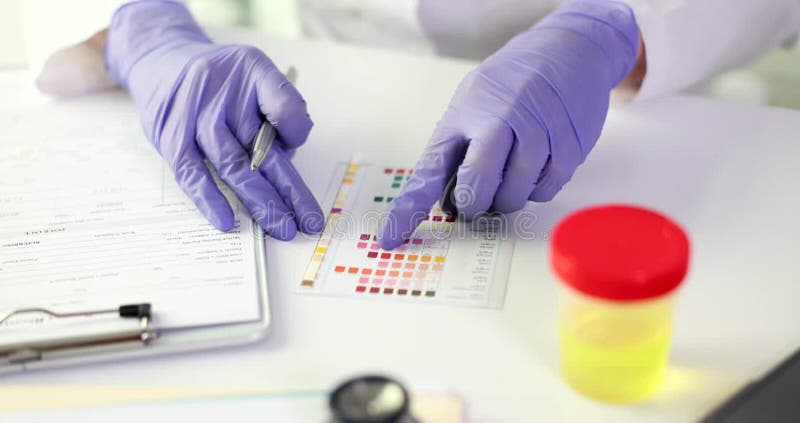 Une femme effectue un test d'urine avec du matériel ph en laboratoire banque de vidéos