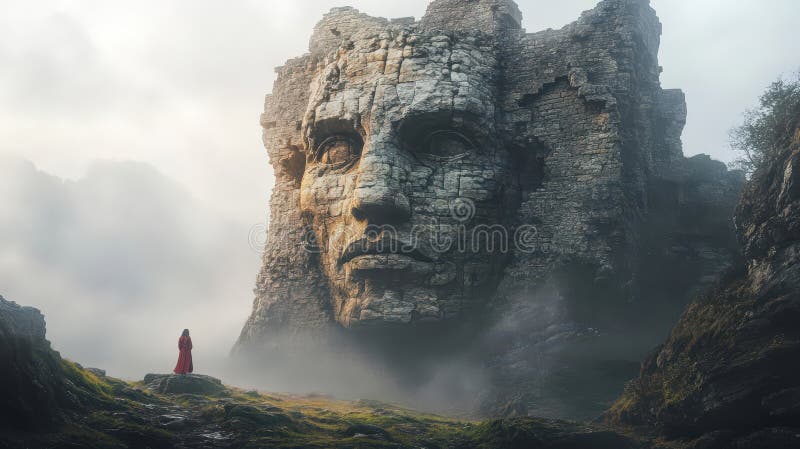 Une femme en rouge se tient devant un visage de pierre géant dans un paysage brumeux. La nature et l'art se mêlent dans une scène illustration libre de droits