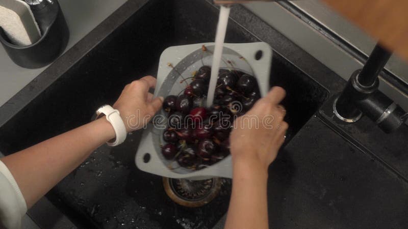 Une femme lave la cerise sous l'eau courante du robinet sur l'évier de la cuisine. banque de vidéos