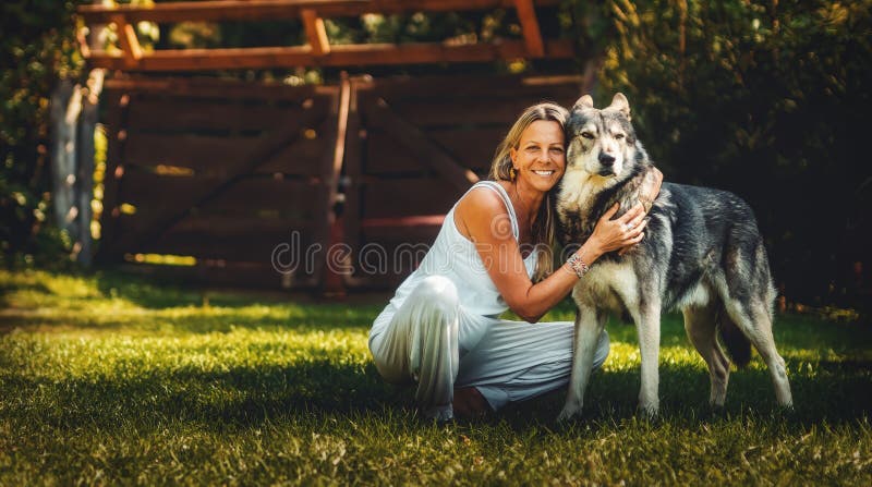 Une femme portant une belle robe blanche s'agenouille à côté d'un chien. photo stock