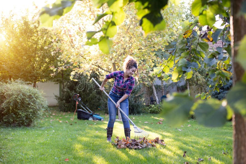 Une femme qui ramasse des feuilles sur la pelouse photographie stock libre de droits