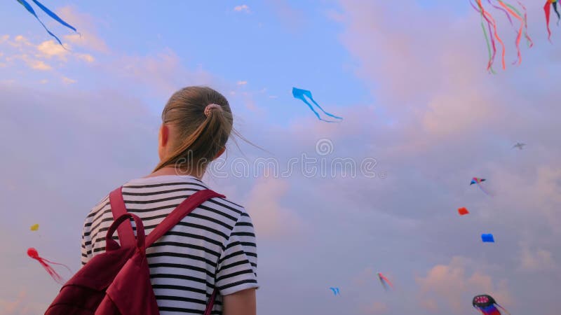 Une femme regarde des cerfs-volants dans le ciel nuageux du coucher du soleil banque de vidéos