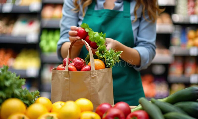 Une femme remplissant un sac en papier avec des produits frais à l'épicerie illustration stock