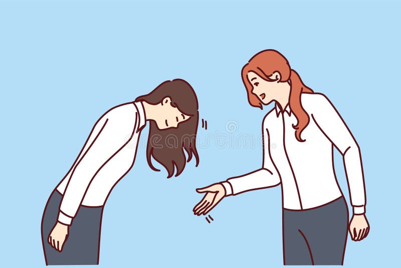 Woman greets asian colleague or potential business partner bows as sign of respect and loyalty. Business people from different ethnic groups demonstrate familiar greetings from their own culture. Woman greets asian colleague or potential business partner bows as sign of respect and loyalty. Business people from different ethnic groups demonstrate familiar greetings from their own culture