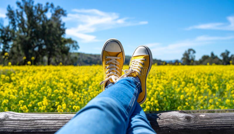 Une femme se reposant avec ses jambes soutenue sur un banc au milieu d'un champ de jaune illustration stock