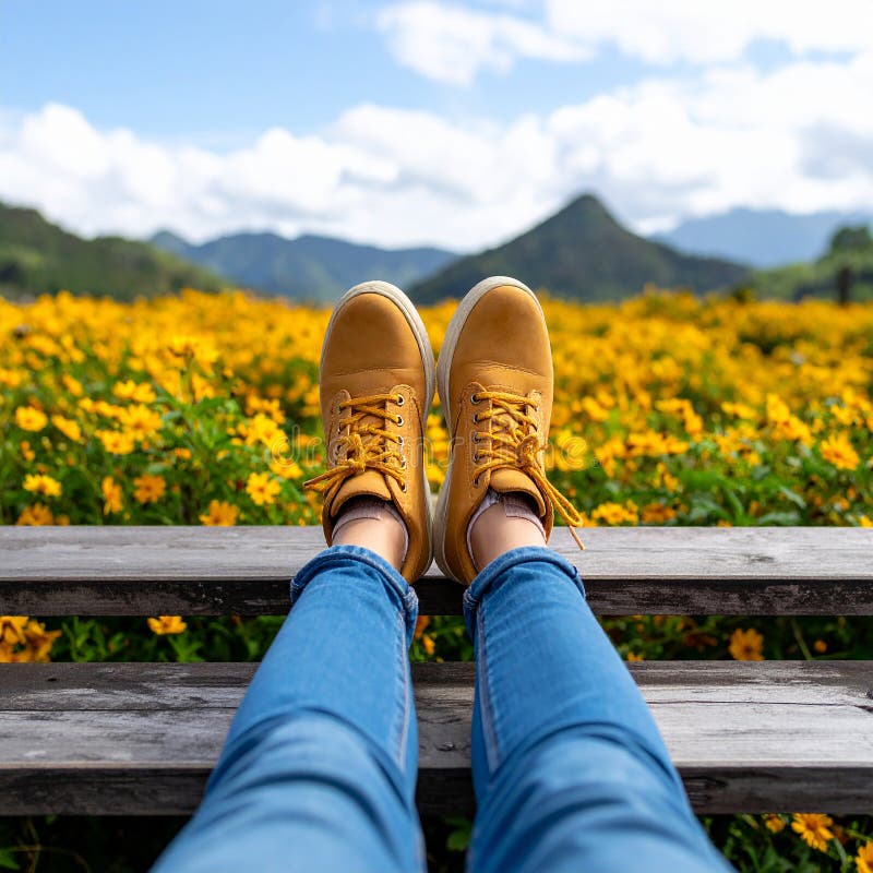 Une femme se reposant avec ses jambes soutenue sur un banc au milieu d'un champ de jaune illustration libre de droits