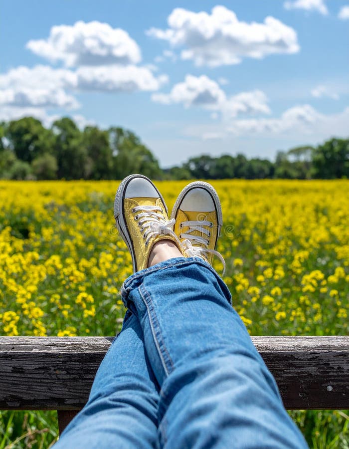 Une femme se reposant avec ses jambes soutenue sur un banc au milieu d'un champ de jaune illustration libre de droits