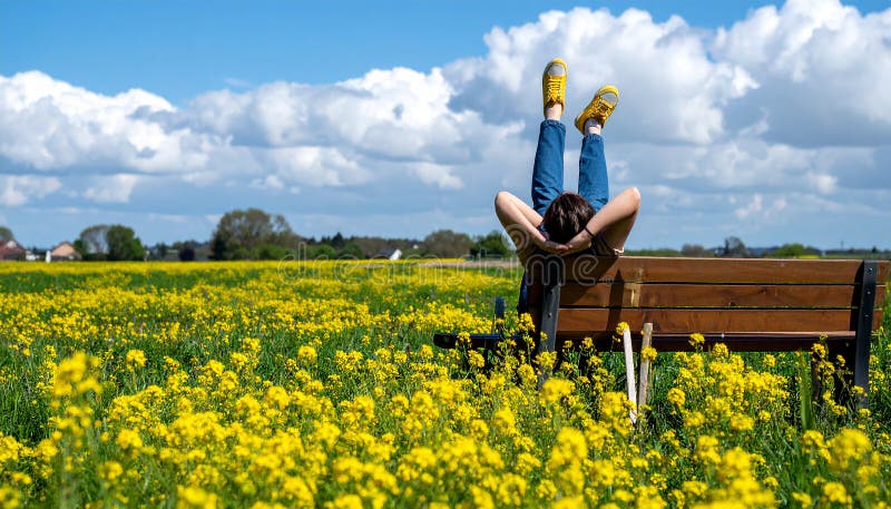 Une femme se reposant avec ses jambes soutenue sur un banc au milieu d'un champ de jaune illustration stock