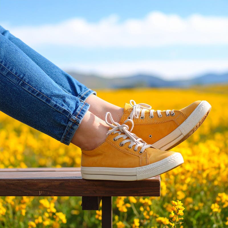 Une femme se reposant avec ses jambes soutenue sur un banc au milieu d'un champ de jaune illustration de vecteur
