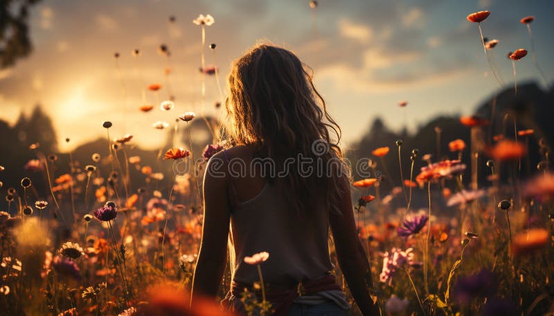 A serene woman sitting in a meadow, holding a flower generated by artificial intelligence AI generated. A serene woman sitting in a meadow, holding a flower generated by artificial intelligence AI generated