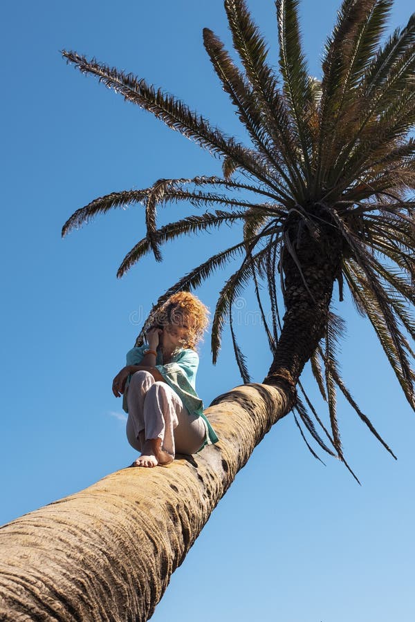 Une femme touriste assise sur un palmier dans les tropiques voyage vacances d'été destination. les femmes se relaxer photos libres de droits