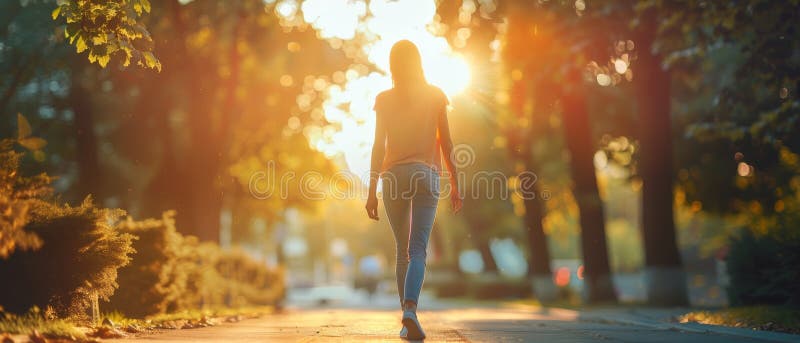 Une femme traverse un chemin de parc éclairé. Une femme marche à travers un chemin de parc éclairé par le soleil