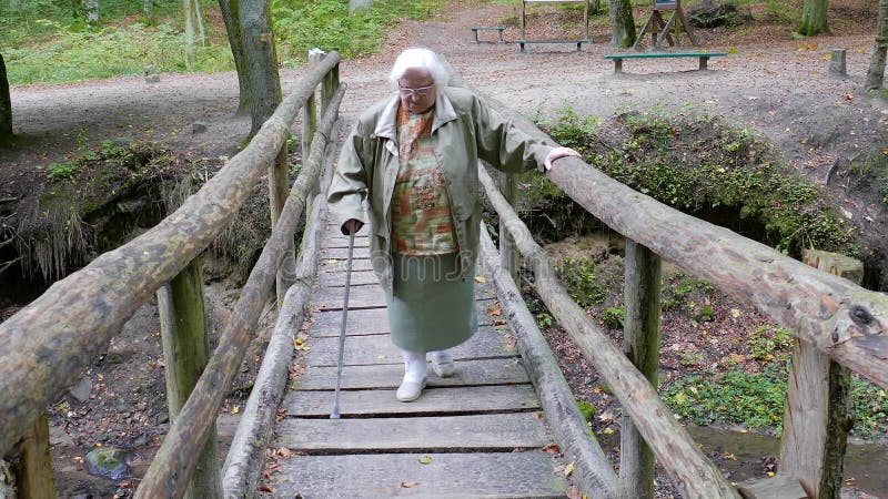 Une femme âgée marche sur un pont de bois dans une forêt. Femme âgée active banque de vidéos