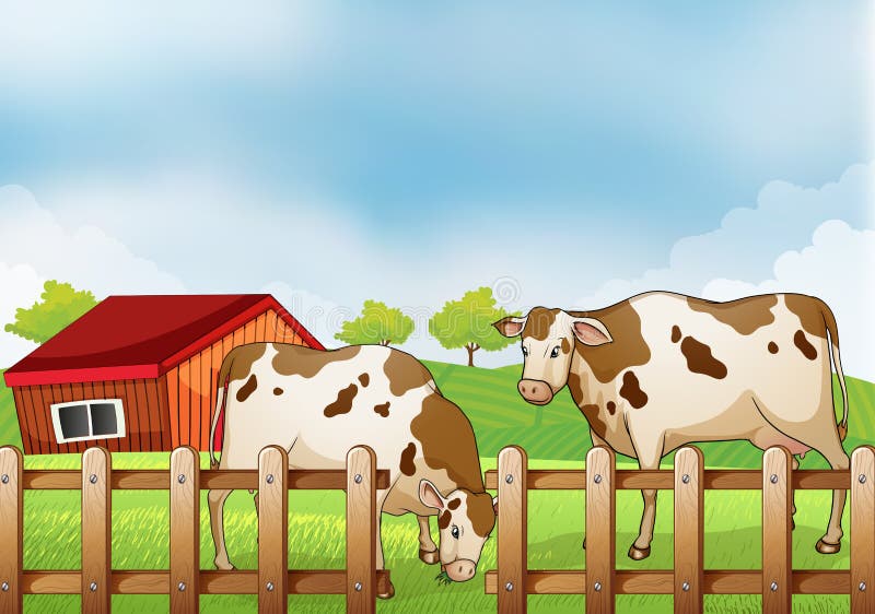 Une ferme avec deux vaches à l'intérieur de la barrière illustration de vecteur Une ferme avec deux vaches à l'intérieur de la barrière illustration de vecteur