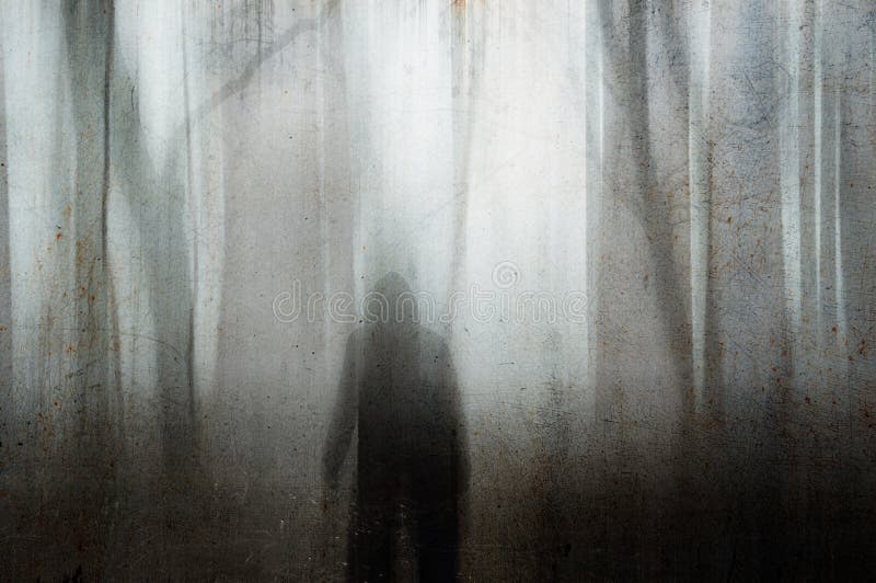 A hooded figure looking out into a spooky forest on a foggy winters day. With a grainy muted blurred abstract edit. A hooded figure looking out into a spooky forest on a foggy winters day. With a grainy muted blurred abstract edit.