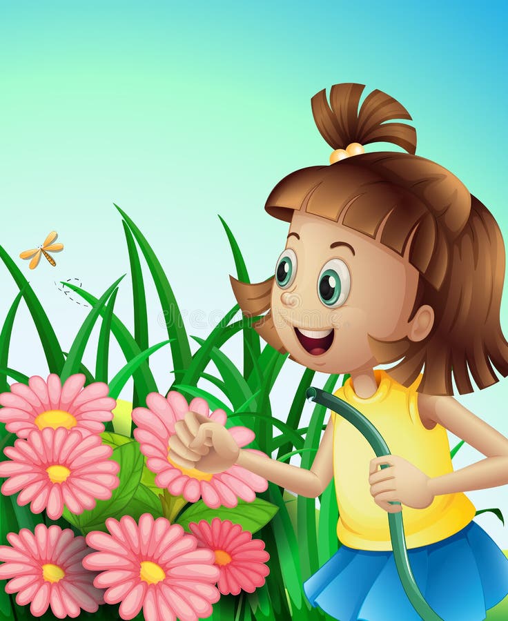 Une fille avec un tuyau au jardin illustration de vecteur Une fille avec un tuyau au jardin illustration de vecteur