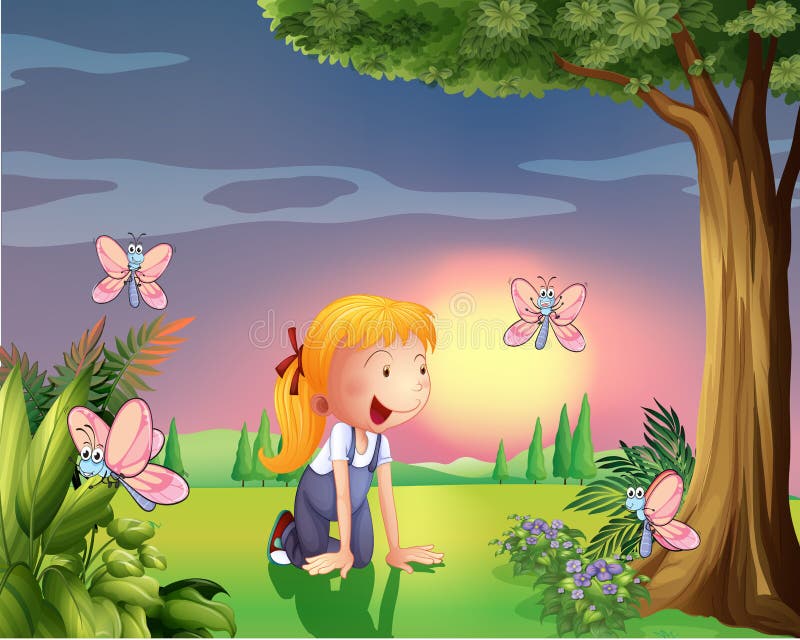 Une fille dans le jardin avec quatre papillons illustration de vecteur Une fille dans le jardin avec quatre papillons illustration de vecteur