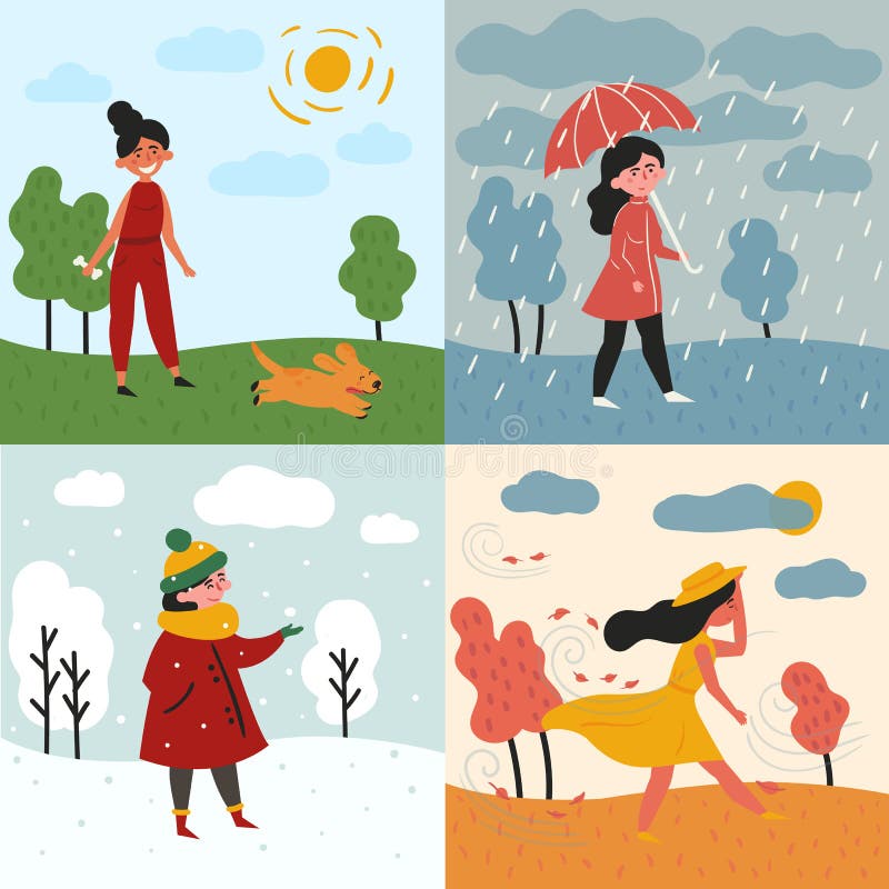 Une fille et quatre saisons et temps Milou, pluvieux illustration libre de droits Une fille et quatre saisons et temps Milou, pluvieux illustration libre de droits