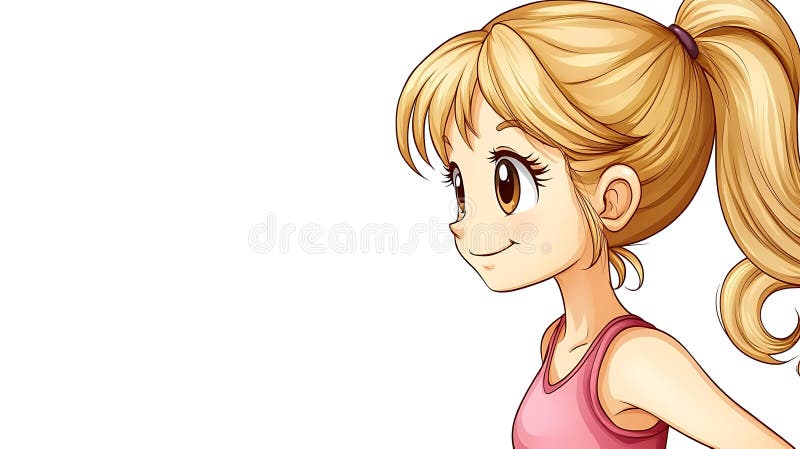 Une fille souriante de style anime avec des cheveux blonds face à droite. L'image montre une jeune fille d'anime souriante en profil avec des cheveux blonds une queue de cheval et portant un toit de réservoir rose