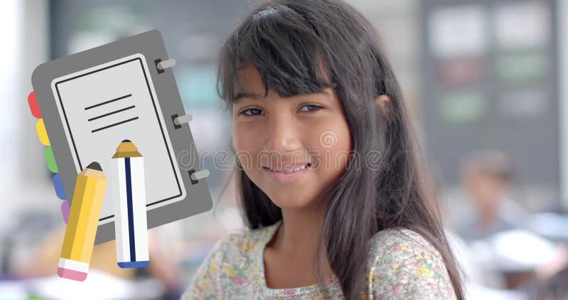 Une fille souriante en classe avec un cahier et des crayons animés sur elle banque de vidéos