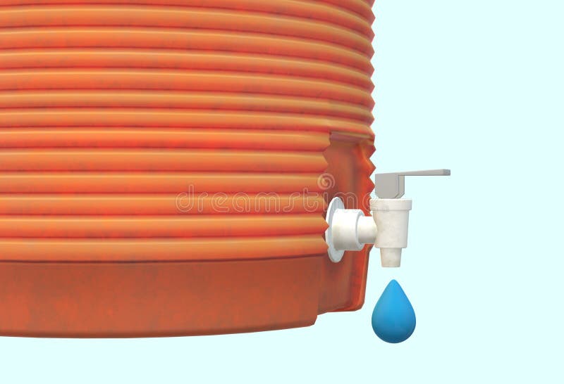 A computer generated illustration image of a close up of an orange plastic water cooler dispenser container dripping water droplets against a light blue backdrop. A computer generated illustration image of a close up of an orange plastic water cooler dispenser container dripping water droplets against a light blue backdrop.