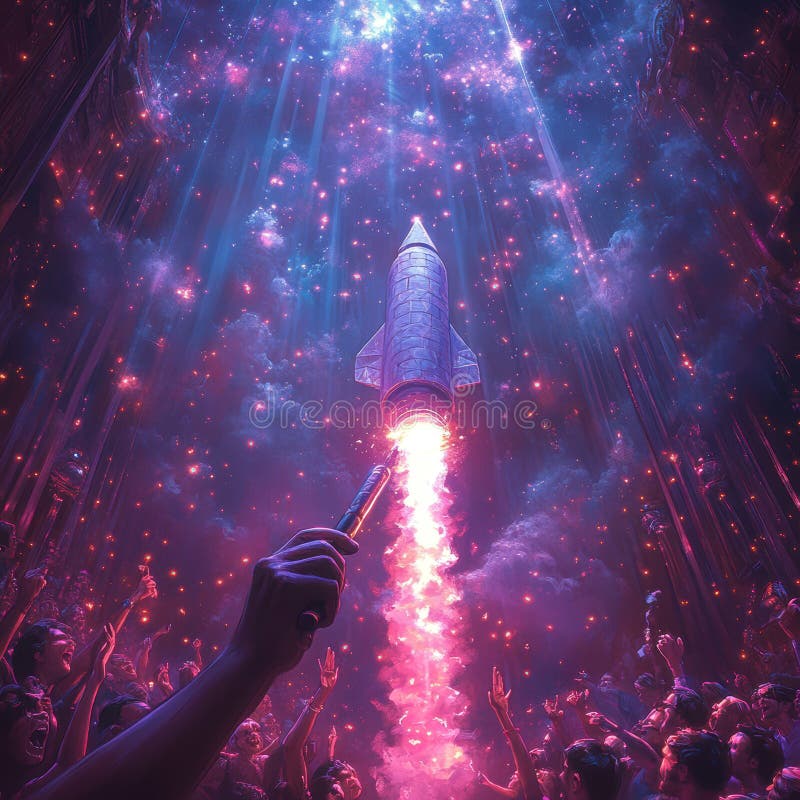 Une foule énergique et festive célèbre un lancement de fusée dynamique symbolisant les avancées technologiques et l'espace image libre de droits